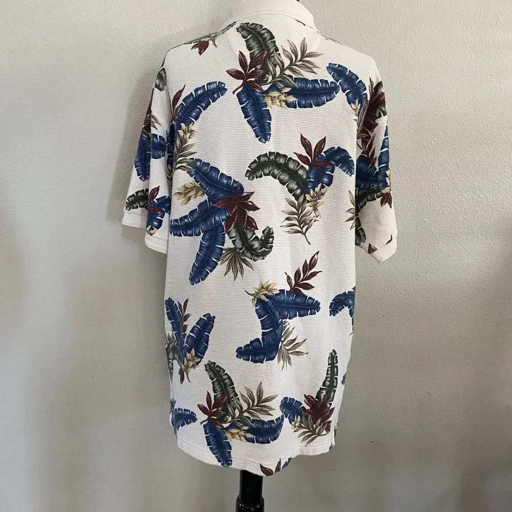 Chaps Ralph Lauren Tropical Print Short Sleeve‎ Ribbed Polo Size Large Cotton